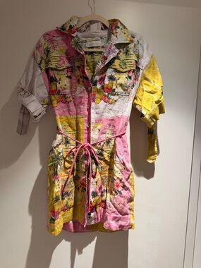 Zimmermann Floral Tropical Button-Front Shirt Dress in Pink, Yellow & Cream